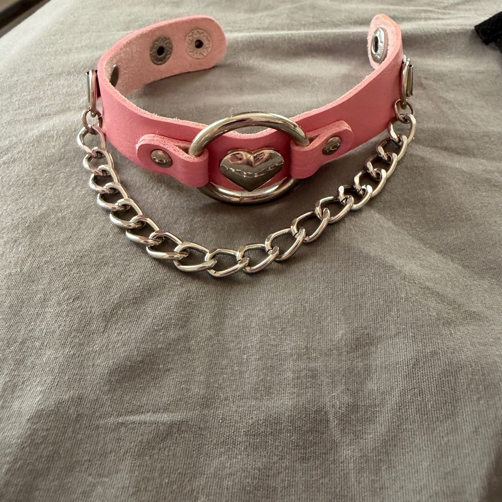 Pink Leather bracelet with Silver Chain